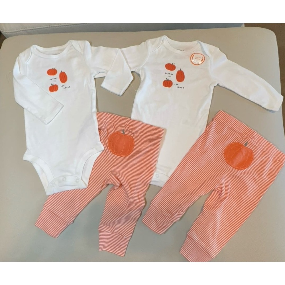 Twin girls 6 months Carter's Halloween pumpkin fall onesies & pants outfits.